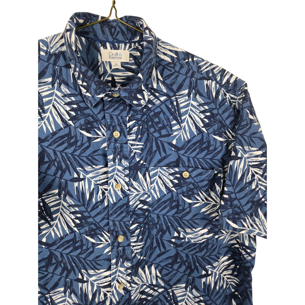 Croft & Barrow Mens XL Blue White Tropical Palm Leaf‎ Cotton Button Down Shirt